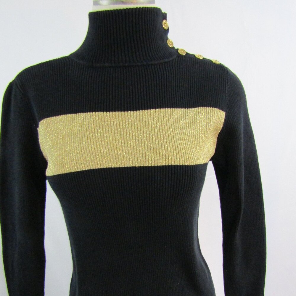 Lauren Ralph Lauren Button Trim Mock Neck Sweater Womens Size Large Black Gold